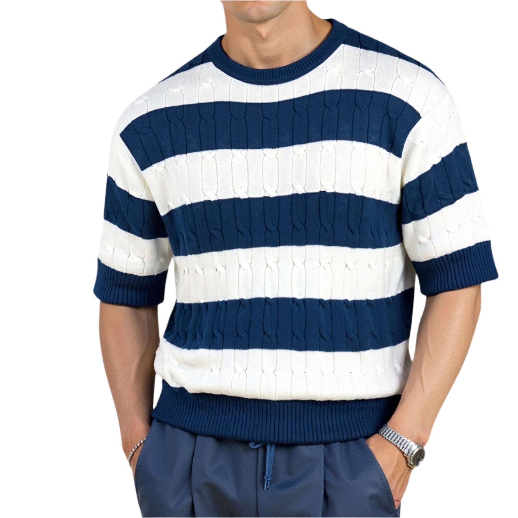 TheighT Crew Neck Cable Knit Striped T-Shirt
