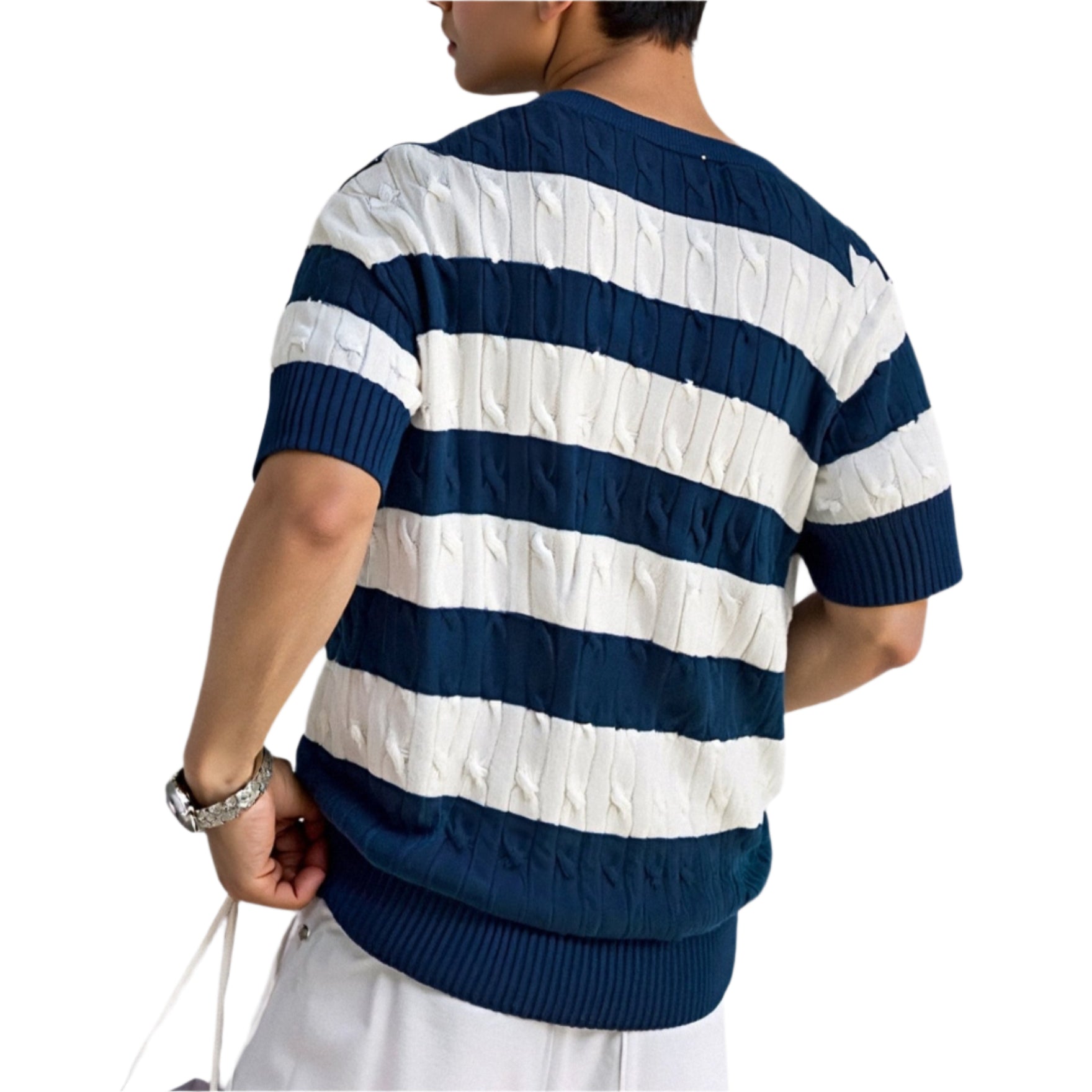 TheighT Crew Neck Cable Knit Striped T-Shirt