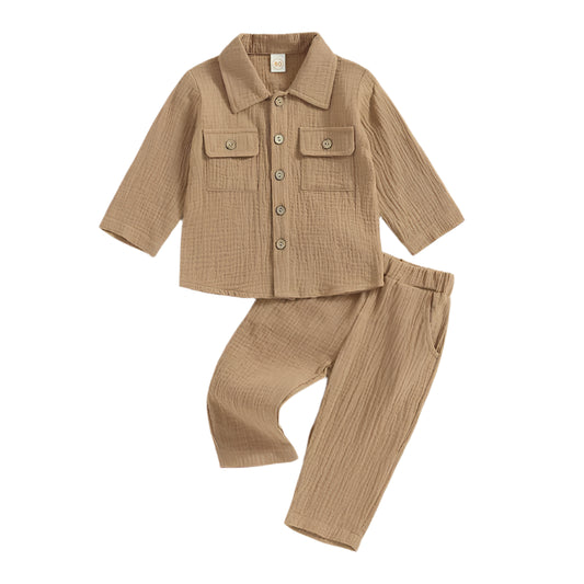キッズ 幼児 男の子 リネン 衣装 ベビー 男の子 秋冬服 セット ボタンダウン シャツ トップス コットン リネン パンツ 2点