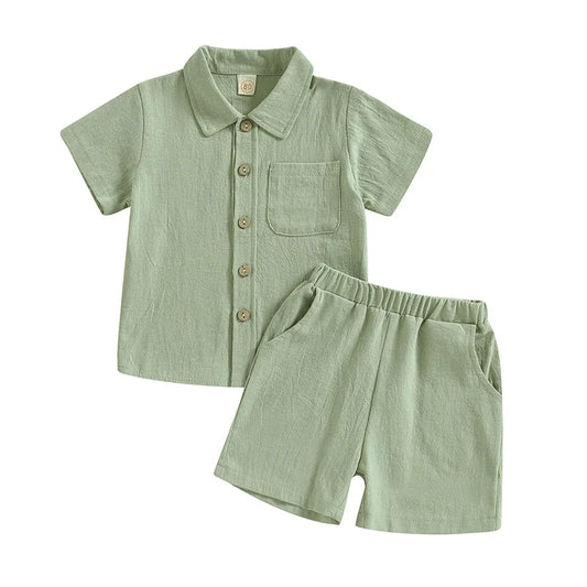 0～4歳 キッズ ボーイズ カジュアル ショートパンツ セット ベビー 幼児 半袖 ボタンアップ シャツ + ショートパンツ 子供 夏服 ホームウェア